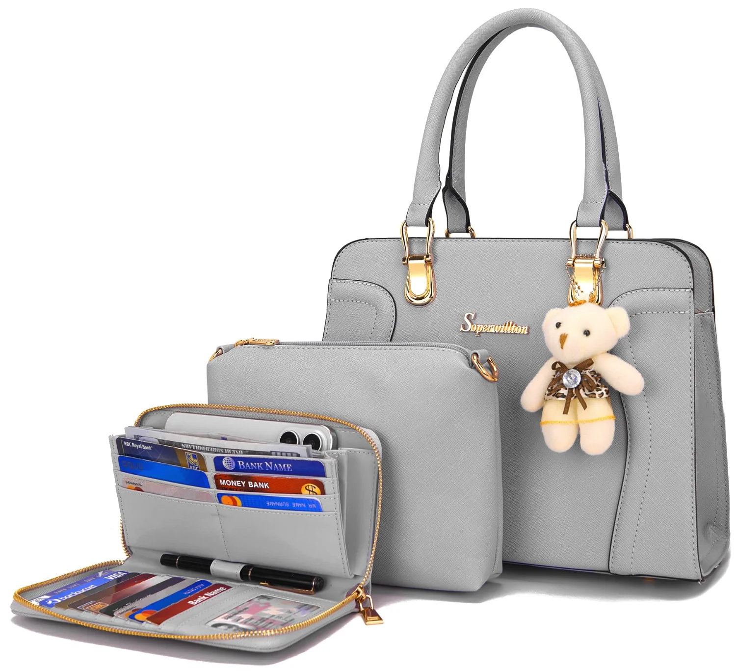 Soperwillton Three-Piece Satchel and Wallet Set, Gray